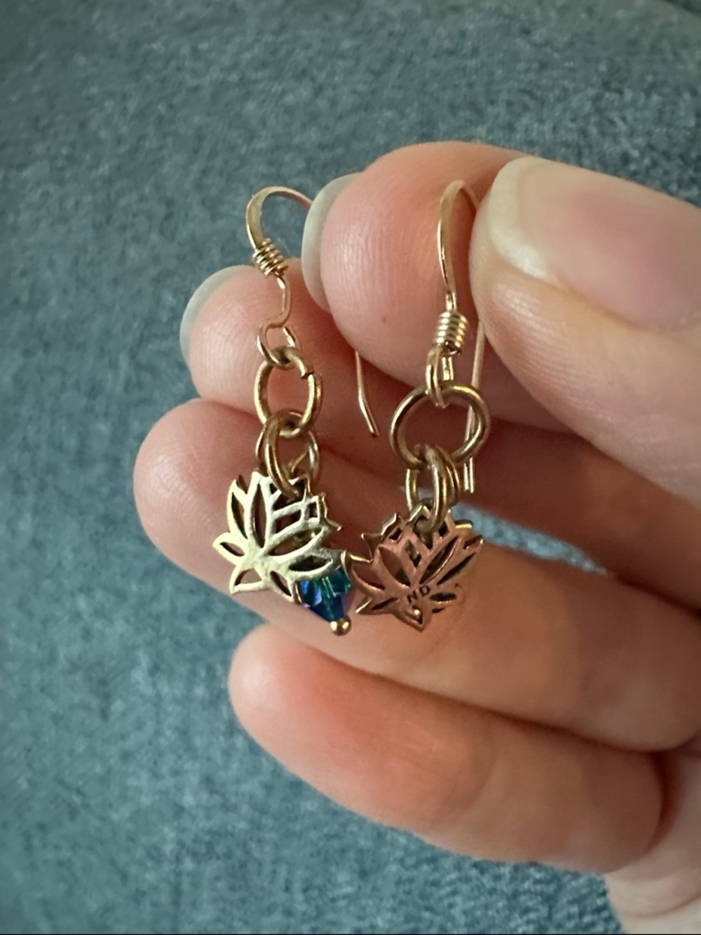 Gold tone  Lotus Charm Drop Earrings with Blue Crystal Accent